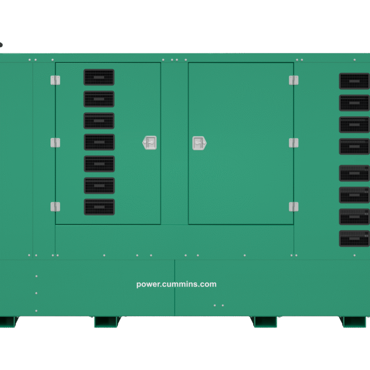 Front view of the Cummins C550D5Q diesel generator with a green acoustic enclosure, designed for large-scale power generation.