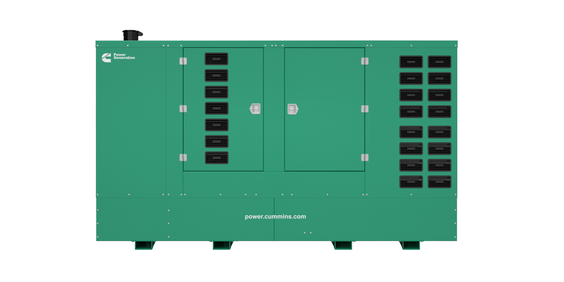 Front view of the Cummins C550D5Q diesel generator with a green acoustic enclosure, designed for large-scale power generation.