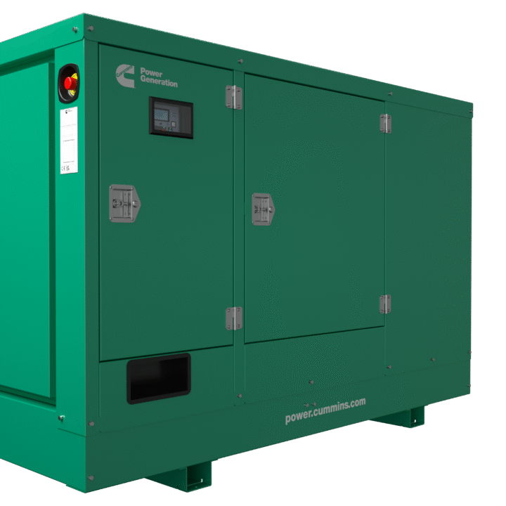 Green Cummins C55D5EQ diesel generator enclosed in a weatherproof case, ideal for standby and prime power applications.
